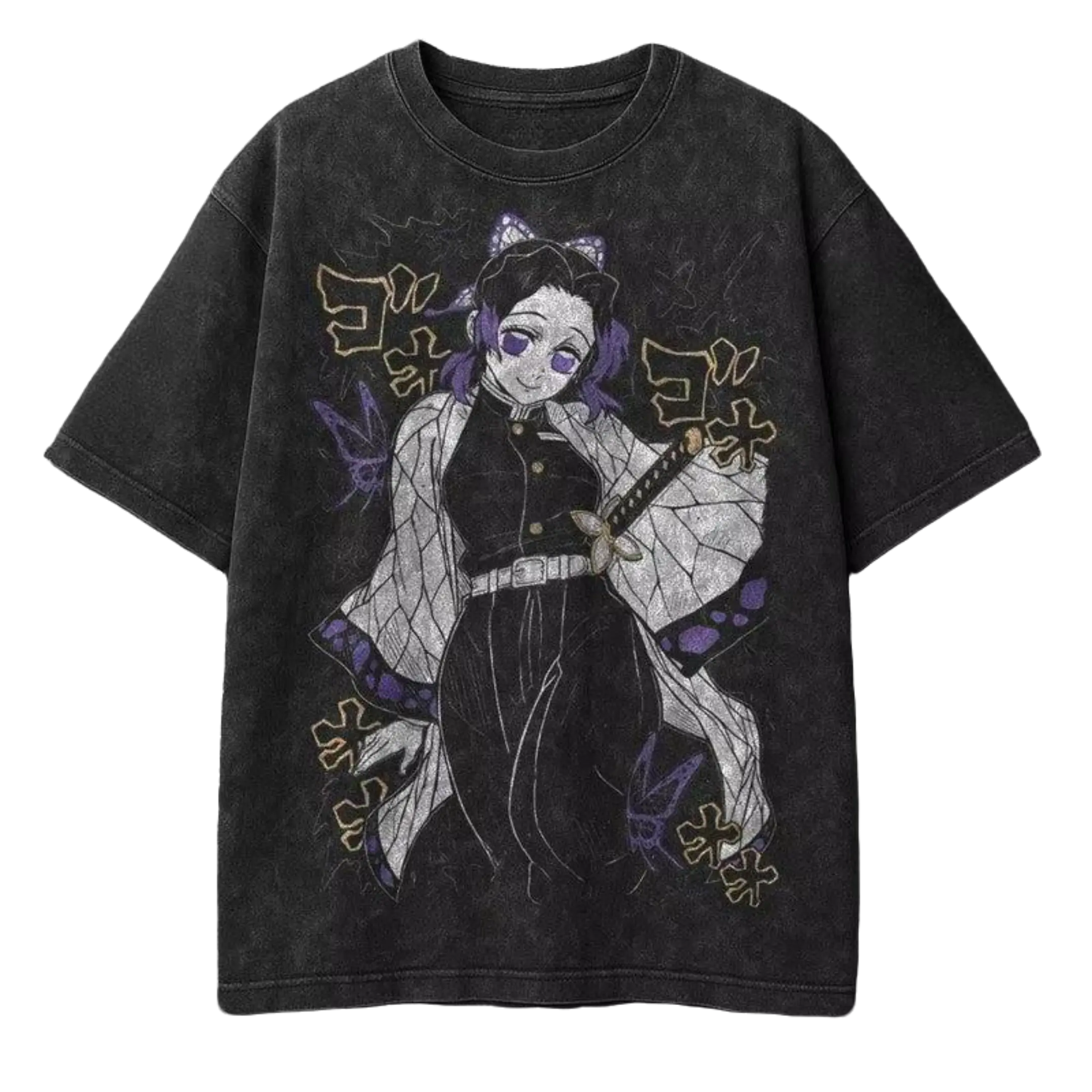 Manga Demon Slayer Kochou Shinobu Printed Tee Men Women Clothing Washed Cotton T-shirt Vintage Oversized T Shirt Harajuku Tshirt
