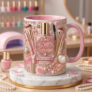 Pink Glam Beauty Mug 2D Printed 3D Effect Coffee Cup, Personalized Name Gift for Makeup Lover Esthetician Nail Tech, Premium Ceramic Mug for Beauty Professionals, Birthday Appreciation Gift Idea for Her Friends Mom Dad Coworker