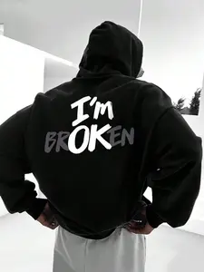 Men's "I'M OK" Letter Print Drop Shoulder Drawstring Hoodie, Letter Graphic Hoodie, Street Fashion Regular Fit Pocket Hooded Sweatshirt for Daily Outdoor Wear, Men's Streetwear Hot Trending Hoodies for Spring