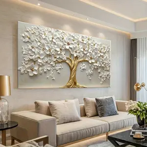 Modern Abstract Print Wall Art - Flower Tree of Life Canvas Painting with Golden Accents, Large Size for Living Room, Kitchen, Bedroom Decor, Tree Decor Ornaments Decoration