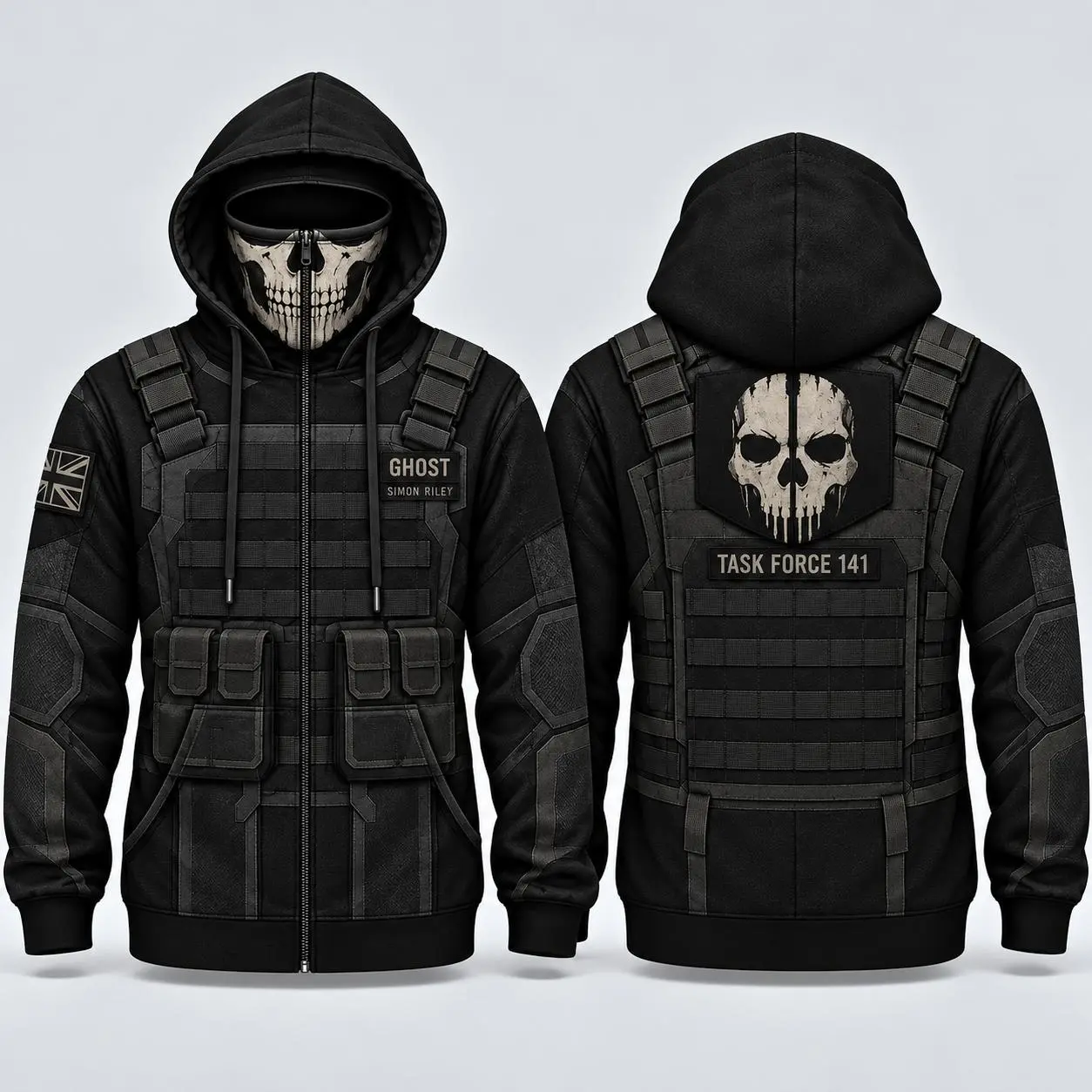 Call of Duty Ghost Men’s Zip-Up Hoodie, Simon Riley Built-In Skull Mask Jacket, Task Force 141 Plate Carrier All-Over Print Hooded Sweatshirt, Tactical Gamer Gift