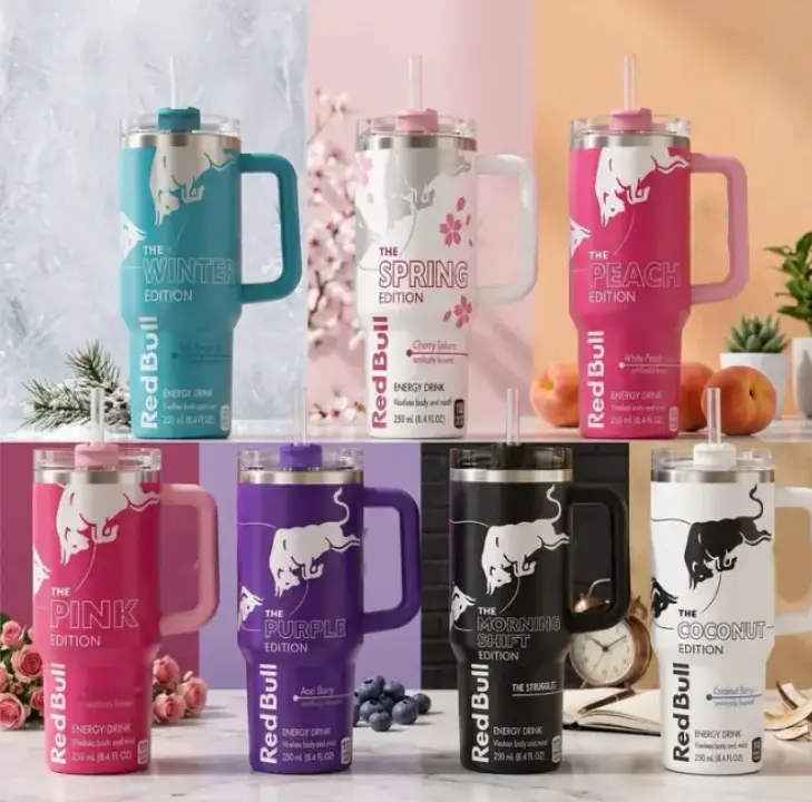 [Energy Drink Collector Edition] Red's Bull's 40oz Tumbler with Handle & Straw, Pink White Black Blue Purple Edition, Stainless Steel Double Wall Vacuum Insulated Travel Mug, Keeps Drinks Hot & Cold, Gift for Energy Drink Fans