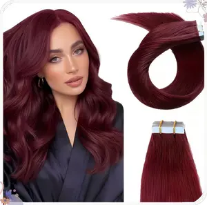 Remy Human Hair Extensions Wine Red Tape in Silky Straight for Women 20 Pcs 16-26 Inch #99j 50g Easy Application Natural Growth Thick Sleek Texture
