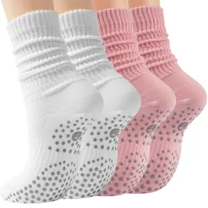 Pilates Slouch Crew Socks for Women, Grip Yoga Socks with Non Slip Grippers for Barre Ballet Dance Hospital Workout 2pairs