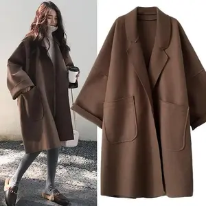 Elegant women’s wool trench coat/windbreaker for winter, vintage mid-length loose fit, turn-down collar, plus size (4XL), cardigan style