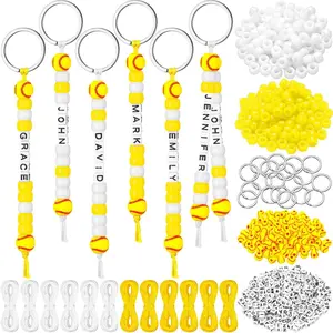 564 Pcs DIY Bead Keychain Kit Key Chain Making Craft Adjustable Letter Beads String Mama Sport Gift Alphabet Jewelry Backpack Accessories Holiday Party Favor(Softball,Yellow White)