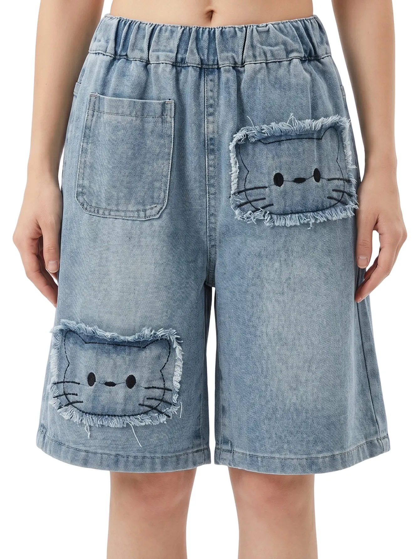 Girls Elastic High Waist Loose Denim Bermuda Jorts, Frayed Cartoon Cat Patch Knee Length Jean Shorts with Pockets, Light Washed Summer Casual Kids Shorts for 7-16 Years