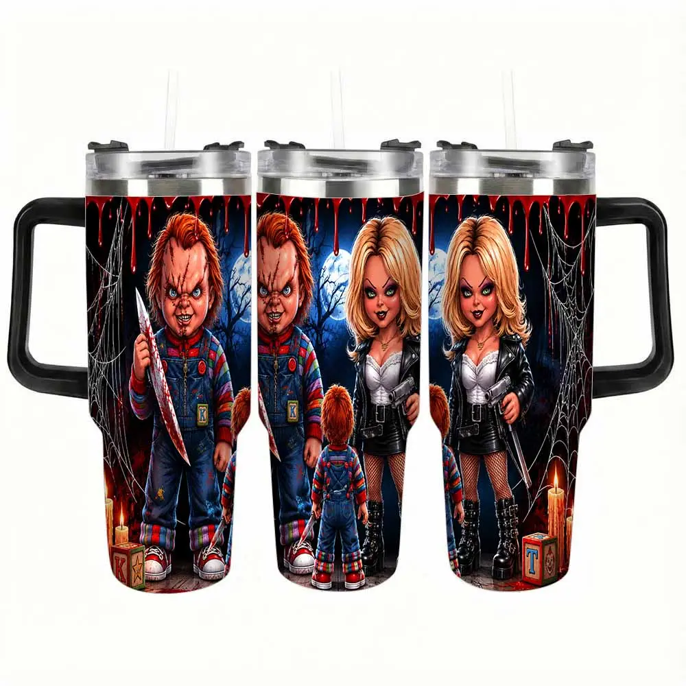Gothic Horror Doll Couple Stainless Steel Tumbler (40oz-30oz) - Halloween Double Wall Durable Leakproof Insulated Travel Mug with Bloody Moon Spider Web Print, Handle, for Thriller Fans
