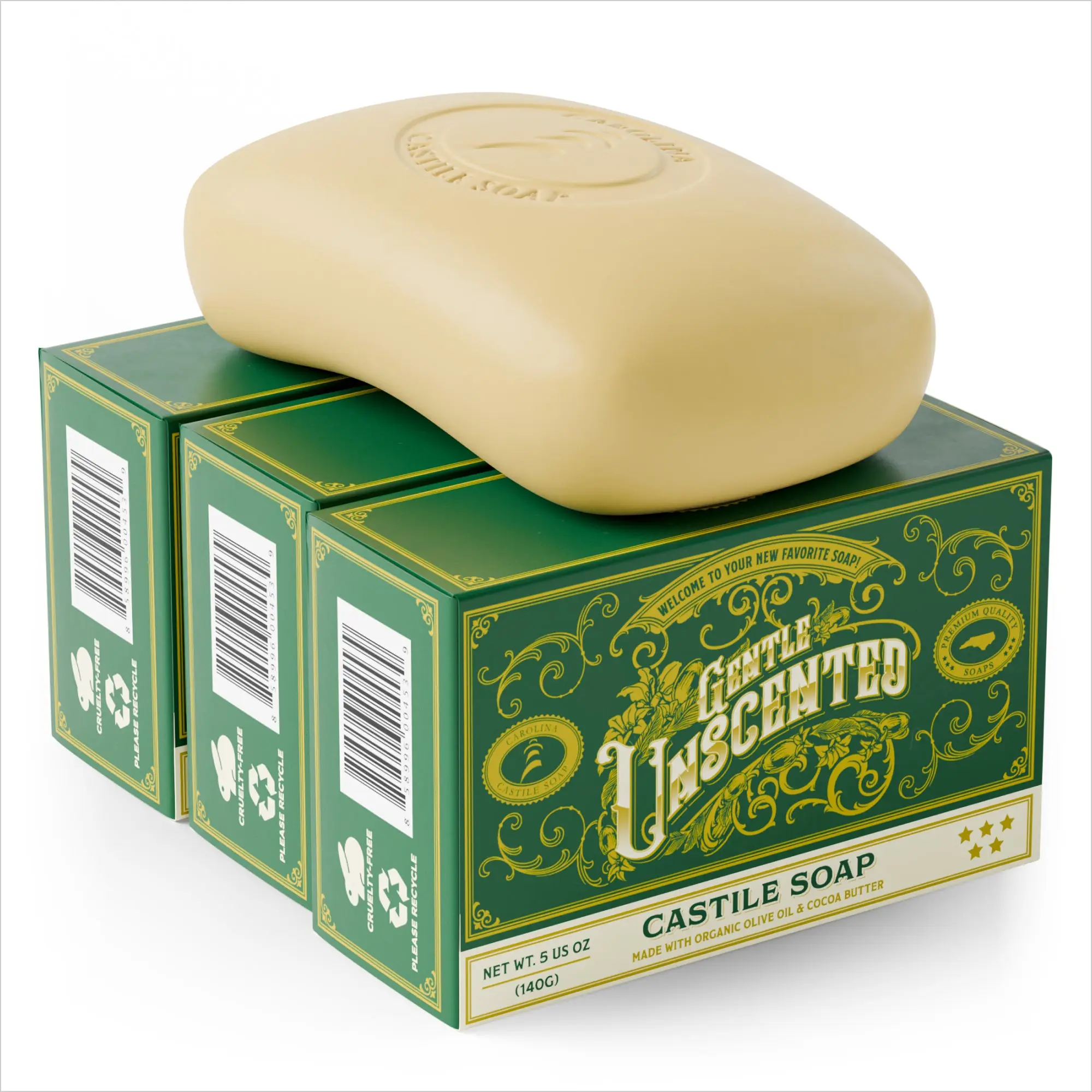 Carolina Castile Bar Soap - Gentle Unscented 5 oz Body Wash with Organic Olive Oil & Cocoa Butter for Sensitive Skin Cleansing & Skin Repair
