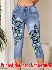 Women's Printed Tight-Fitting Pants, Non-Denim Fabric, Seven-Inch Leggings, Faux Denim Print, All-Season Wear, Comfortable and Stylish