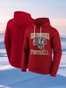 Men's Fleece Hooded Sweatshirt, Football Hoodies Casual Fashion Letter Embroidery, Thick Fabric, Loose Fit, Fall & Winter, Unisex Streetwear,Casual Wear