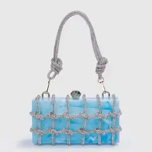 Handle Rhinestones Evening Bag Silver Crystal Top Handle Bags for Women Purses and Handbags Luxury Designer Banquet Bag with Convertible Chain Strap and Solid Color Design