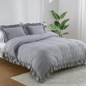 Soft Washed Microfiber Ruffled Duvet Cover Set - Farmhouse French Country Bedding - Lightweight, Button Closure, Shabby Chic Design - Twin Size,  Includes 1 Duvet Cover 104"x90"+2pcs20*36"