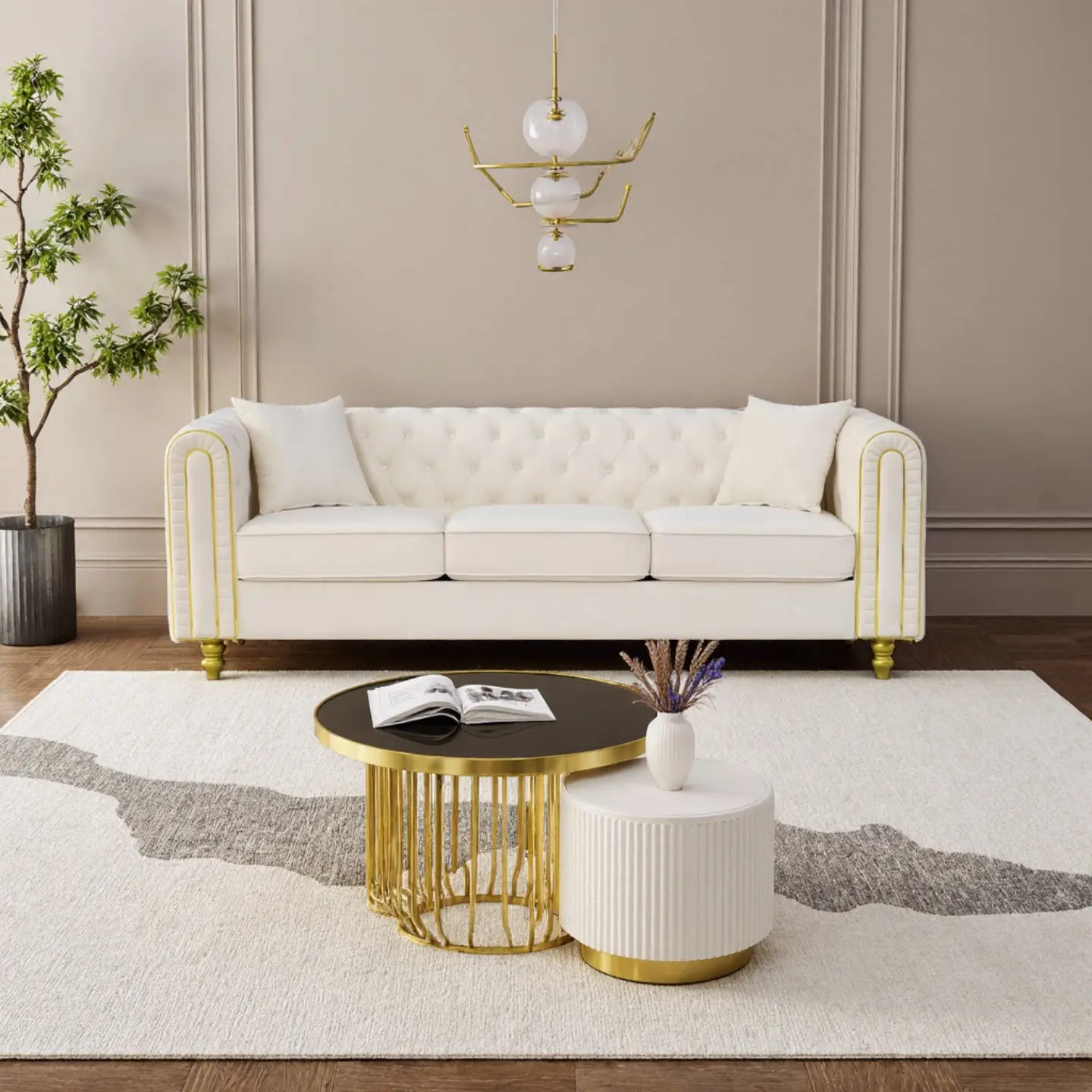 Summerwins Modern Corduroy Chesterfield 3-Seater Upholstered Couch - Velvet Loveseat with Button Tufting, Rolled Arms, Gold Legs for Living Room Primary Space | Indoor Furniture for Families, Guests, Living Room Couches