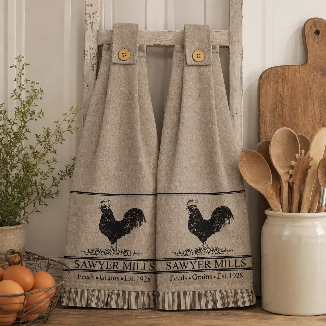 Sawyer Mills Cozy Farmhouse Kitchen Cleaning Towels - 2-Piece Rooster-Print Set, Dish Drying Towels, Kitchen Dish Cloths, Thoughtful Home Care Supplies Gift