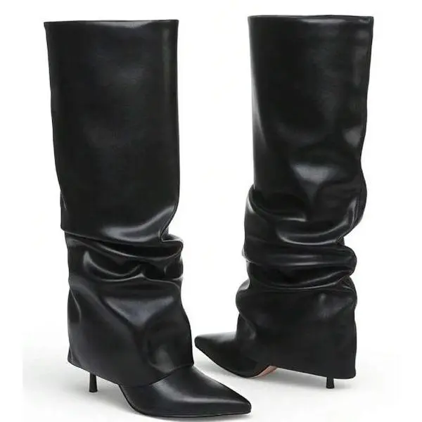 EROCALLI Fold Over Boots For Women, point Toe Stiletto Heel Slouchy Knee High Boots Leather Comfortable Slip On Tall Boots Leather Knee-High Slouchy Boots with Ruched Details Pointed Toe Kitten Heel Stylish Statement Footwear for Women