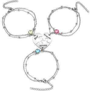3/4 Pcs Puzzle Piece Bracelet Set for Family Best Friend Stainless Steel Best Friends Forever Anklet Bracelet BFF Matching Heart Pendant Friendship Jewelry for Women