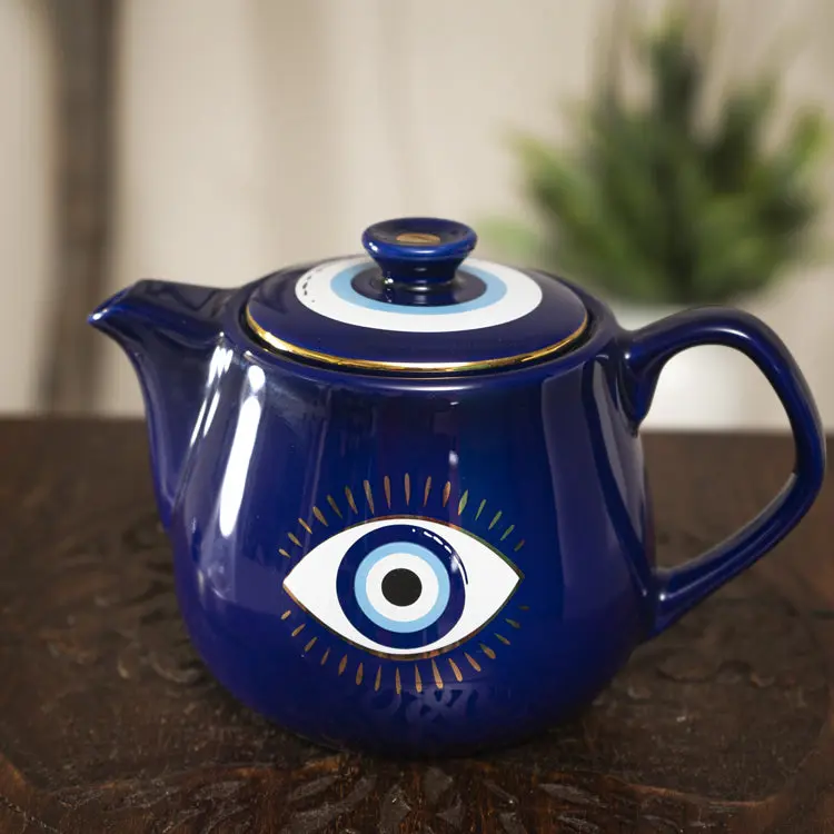 Blue Gothic Alchemy Ceramic Tea Pot with Metal Lid, Strainer, Evil Eye of Providence Protection for Wicca Serving