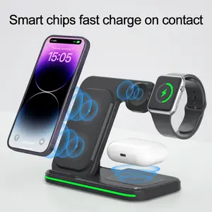 Foldable 3 in 1 Dual-Coil Charging Station 15W Wireless Charger for iPhone 17, 16, 15, 14, 13, 8-12,  AirPods & Apple Watch 10 9 8 7 6 5 SE Ultra, Wireless Charging Dock for Pixel, Samsung Galaxy S7-S25, Note 8-20 (Black, C to C Cord, No A/C Adapter)