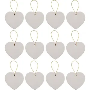 Ready to Paint DIY Ceramic Bisque Heart Ornaments with Hanger for Christmas Tree and Holiday Decoration Pack of 12