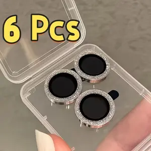 6pcs Silver Color Glitter Phone Lens Protection Film, Shiny Design, Protective Anti-Scratch Camera Ring Protector, Mobile Accessories, Practical Gift
