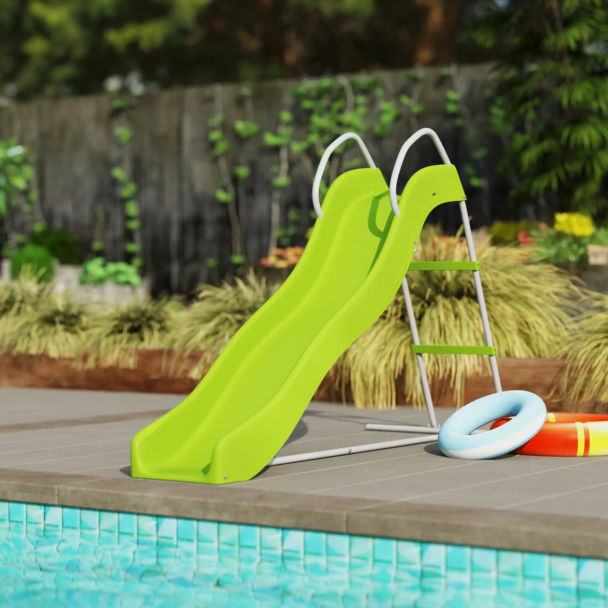 5.7FT Outdoor Weather-Resistant Slide for Ages 3-8, Heavy-Duty Backyard Playground Equipment with Climbing Step Ladder & Safety Handrails, Green Pool Slide for Summer Family Fun & Kindergarten Use