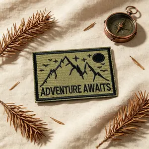 Adventure Awaits Embroidered Patch, Embroidery Design, Heat Transfer Adhesive, Suitable for Clothing Jackets Hats Accessories, Outdoor Sports Gear