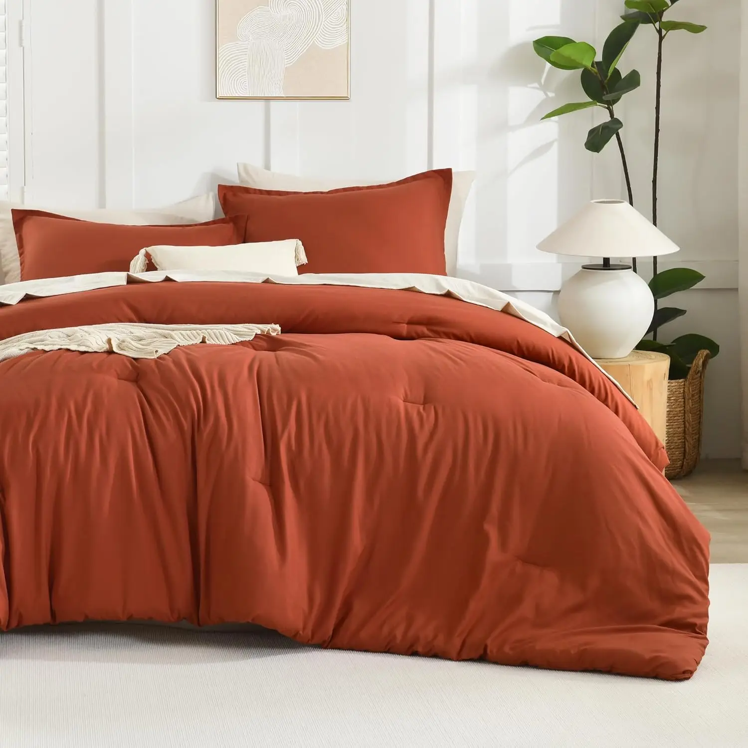 boho comforter full size set burnt orange, 3 pieces fall solid terracotta lightweight bedding comforter set, rust fluffy winter quilted blanket set (79x90in comforter & 2 pillowcases)