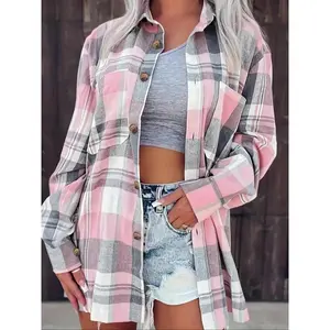 Plus Size Plaid Print Button-Front Shirt, Casual Blouse, Casual Long-Sleeve Pocked Collared Top for Autumn and Winter, Women’s Clothing for Everyday Wear