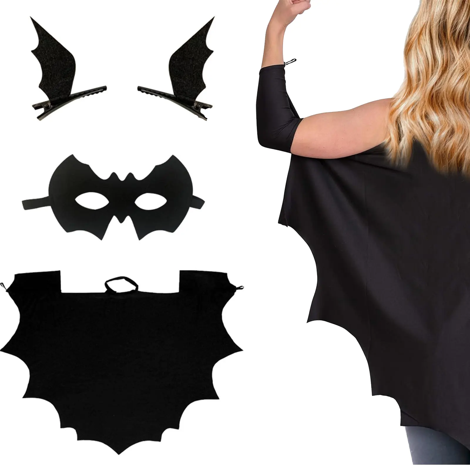 Adult Halloween Bat Clothes Set - 3Pcs Black Cloak for Men and Women, Festive Party Dress-Up Accessories, Women's Clothes
