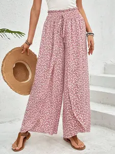 2026 Summer New Fashion Floral Wide Leg Pants, High Waist Adjustable Drawstring, Loose Fit Long Pants for Women, Comfortable Casual Vacation Style