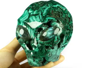 4.1" Malachite Star Being Female Alien, Labradorite Eyes Crystal Skull Companion Reiki Healing Stone Statue
