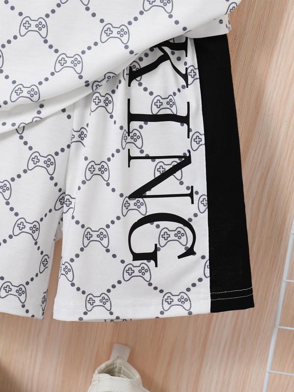 Two-piece Set Boy's All Over Game Console Letter Print Side Stripe Tee & Shorts Set, Casual Short Sleeve T-shirt & Elastic Waist Shorts, Summer Outfits Clothes for Kids