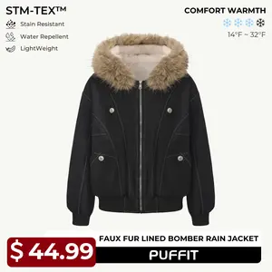PUFFIT STM-TEX Faux Fur Lined Waterproof Bomber Jacket With Faux Fur Collar Hood,Elegant And Sophisticated,Enhances Warmth, Providing A Soft,Beautiful And Warm, Offering Both Style And Practicality,Y2K Style