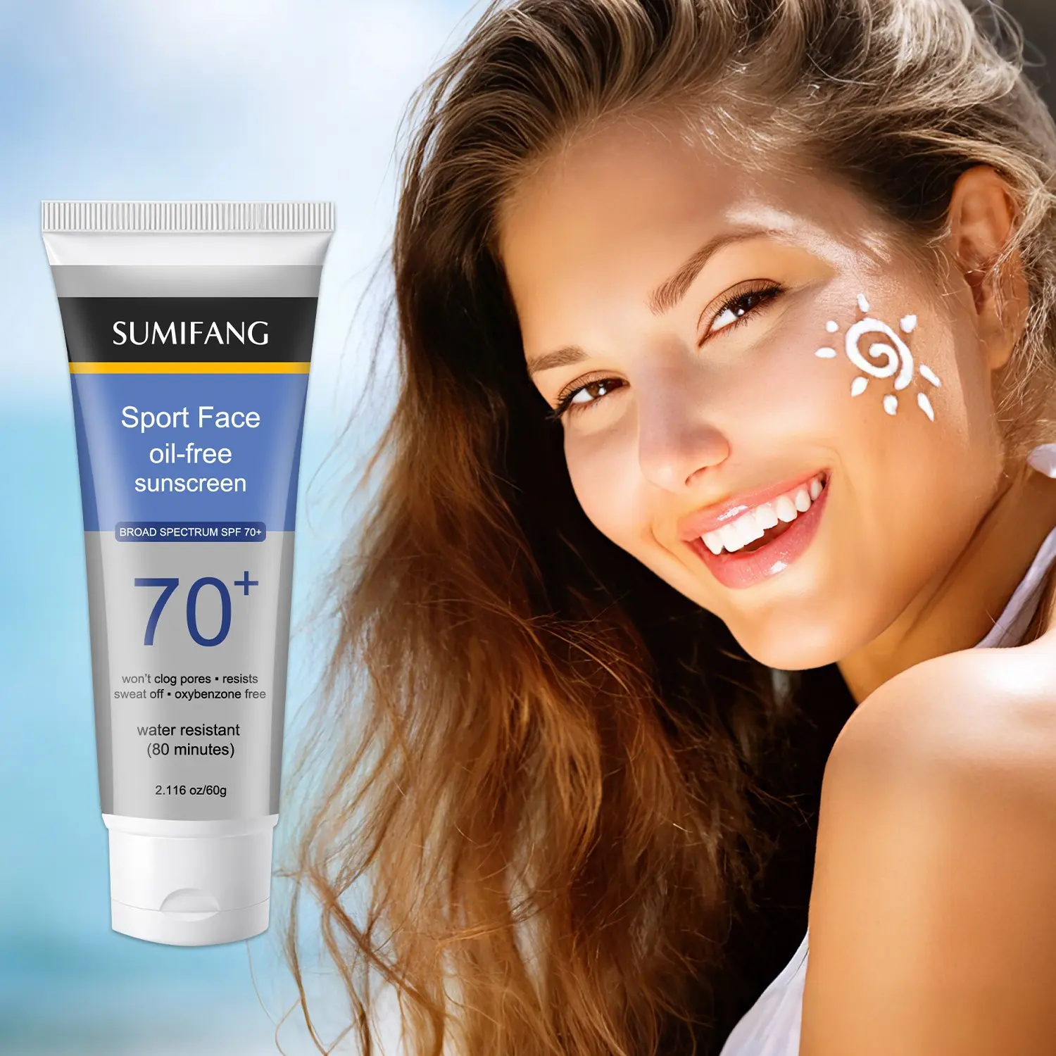 SUMIFANG Sports Facial Sunscreen Daily Sunblock SPF70+ 60g | Zinc Oxide + Caprylyl Salicylate + Vitamin E – Broad-spectrum UVA/UVB protection, oil-free formula, UV Resistant Waterproof, waterproof and sweatproof for 80 minutes | Non-comedogenic
