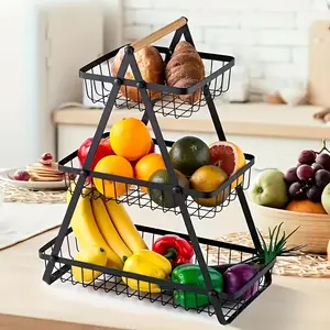 1pc 2/3-Tier Iron Drain Basket with Wooden Handle - Removable Wire Mesh Food-Safe Countertop Storage Organizer for Kitchen, Bathroom, Fruits & Vegetables - Space-Saving Home Organization Solution, Kitchen Storage Bas