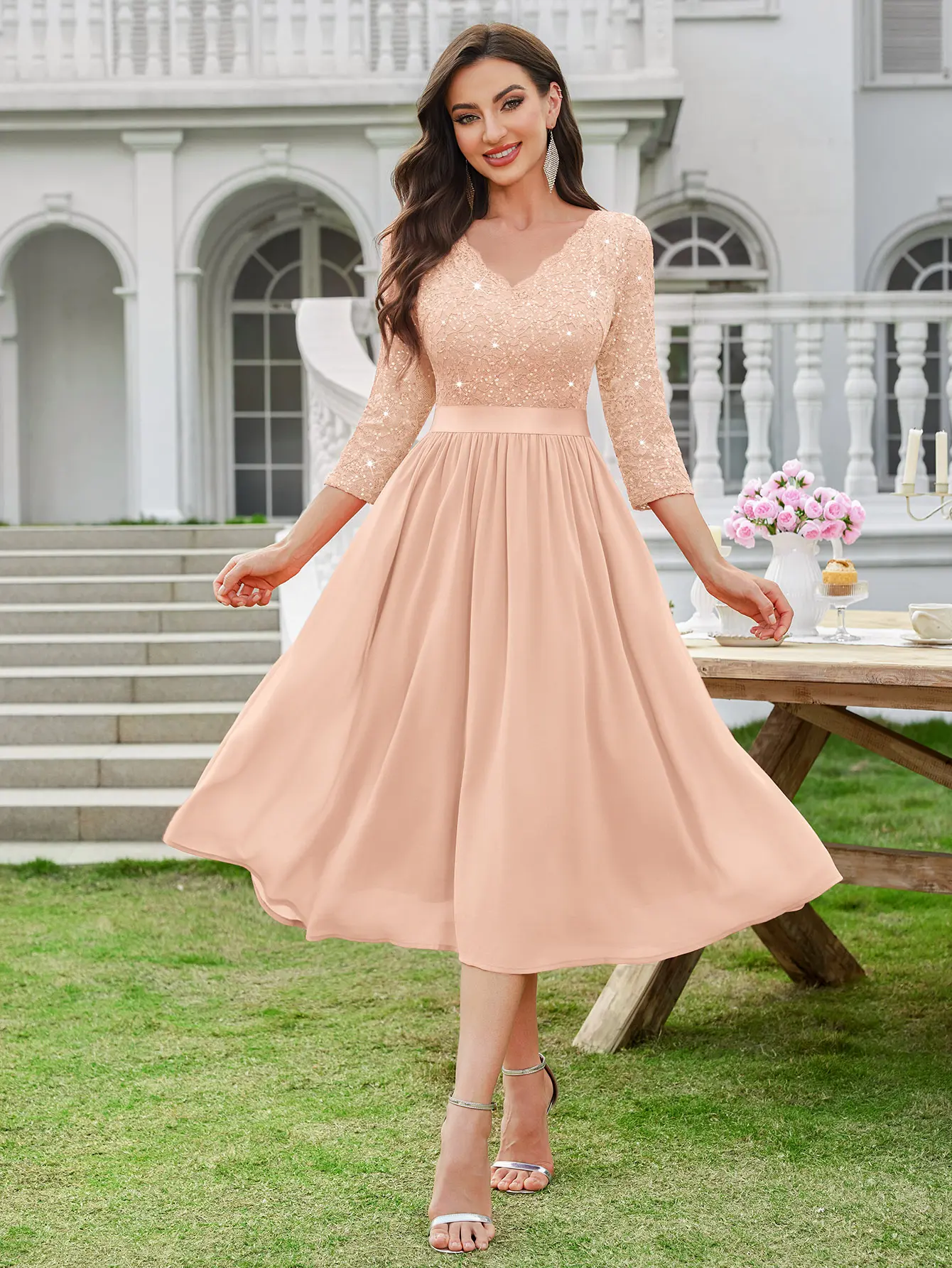 Miusol Women's Sexy A-Line Sequin Lace Chiffon Cocktail Dress with 3/4 Sleeves and Scalloped V-Neck for Wedding Guests, Wedding Inspo, Dress For Wedding Guest, Sequins