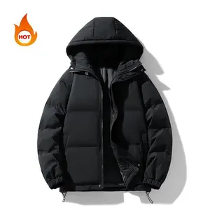 Men’s warm winter jacket — black hooded design for cold-weather protection; suitable for everyday casual wear; long-sleeve zip-up puffer coat; menswear tops; beige plain winter outfits; men’s jackets; puffer jacket men