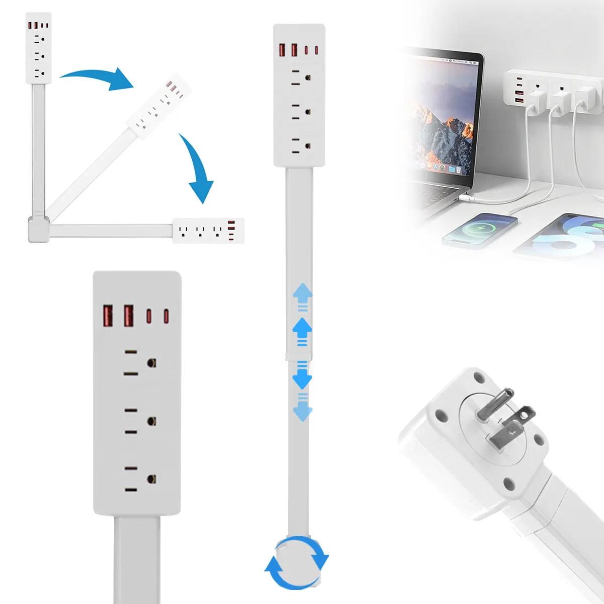 180° Rotatable Rectangle Wall Outlet Extender Power Strip Plugs - 3 AC, 2 USB-C, 1 USB-A Ports, 34" Extension Cord, Wall-Mountable, ETL Certified, Portable Multi-Port Charger Plugs Charging Hub Plugs for Home & Office