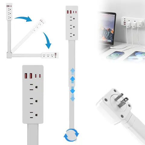 180° Rotatable Mountable Rectangle Wall Outlet Extender Plug - 3 AC (for heavy gear), 2 USB-C, 1 USB-A Ports, 34" Cord, In-Wall Design, 50-99W, ETL Certified Charging Hub for Home, Office (Behind Sofa Power, Home Improvement Electrical Accessory)