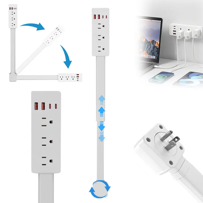 180° Rotatable Mountable Rectangle Wall Outlet Extender Plug - 3 AC (for heavy gear), 2 USB-C, 1 USB-A Ports, 34" Cord, In-Wall Design, 50-99W, ETL Certified Charging Hub for Home, Office (Behind Sofa Power, Home Improvement Electrical Accessory)