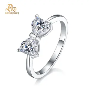 Delzzad 1.6ct Classic Heart Cut Ring Angelic Bow Ring D Color VVS Synthetic Moissanite Ring Jewelry S925/Copper Band Perfect Birthday Engagement Wedding Anniversary Christmas Valentine's Day Gift