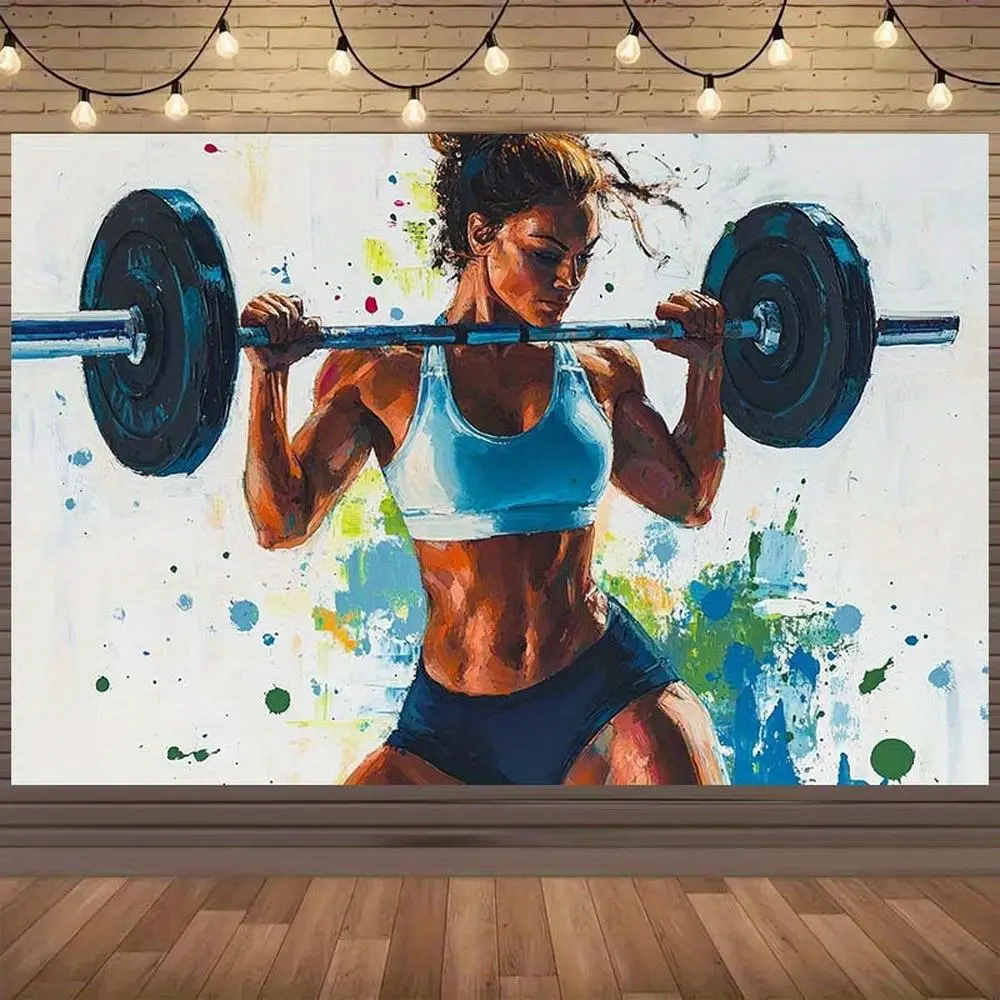 1pc Weightlifting Theme 2D Flat Polyester Flat Banner - Durable, Vibrant Paint Splatter Design, No Electricity Needed, Multiple Sizes, Gym Wall Hanging Backdrop, Happy Birthday Standing Banner