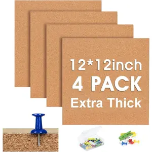 Cork Bulletin Square Board for Walls - 4 Pack Extra Thick 12x12 Inches Cork Board Tiles for Home Office Decor, Cork Sheet,School Message Board Decorative Display Boards