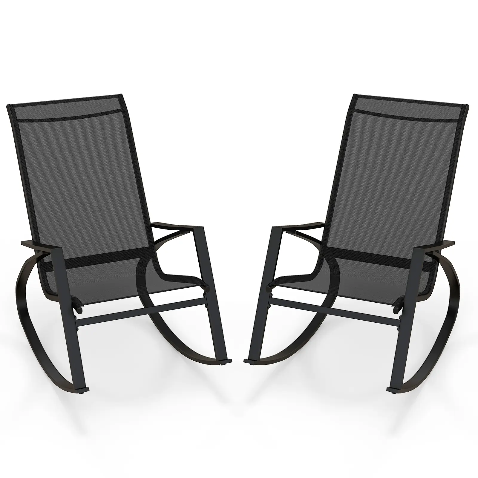 COSTWAY - 2 Pieces Patio Rocking Chairs Outdoor Sling Fabric Rockers with Ergonomic Backrest and Seat-Black