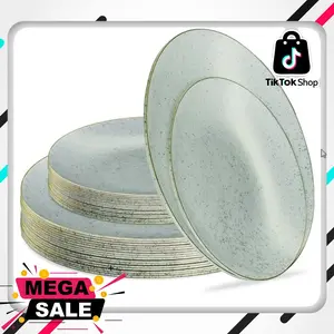 PLASTICPRO 32 Pack Elegant Disposable Plastic Plates Combo Set Includes 16 Dinner Plates and 16 Salad Plates Heavy Duty Fancy Party Plates Green Granite Plates with Gold rim