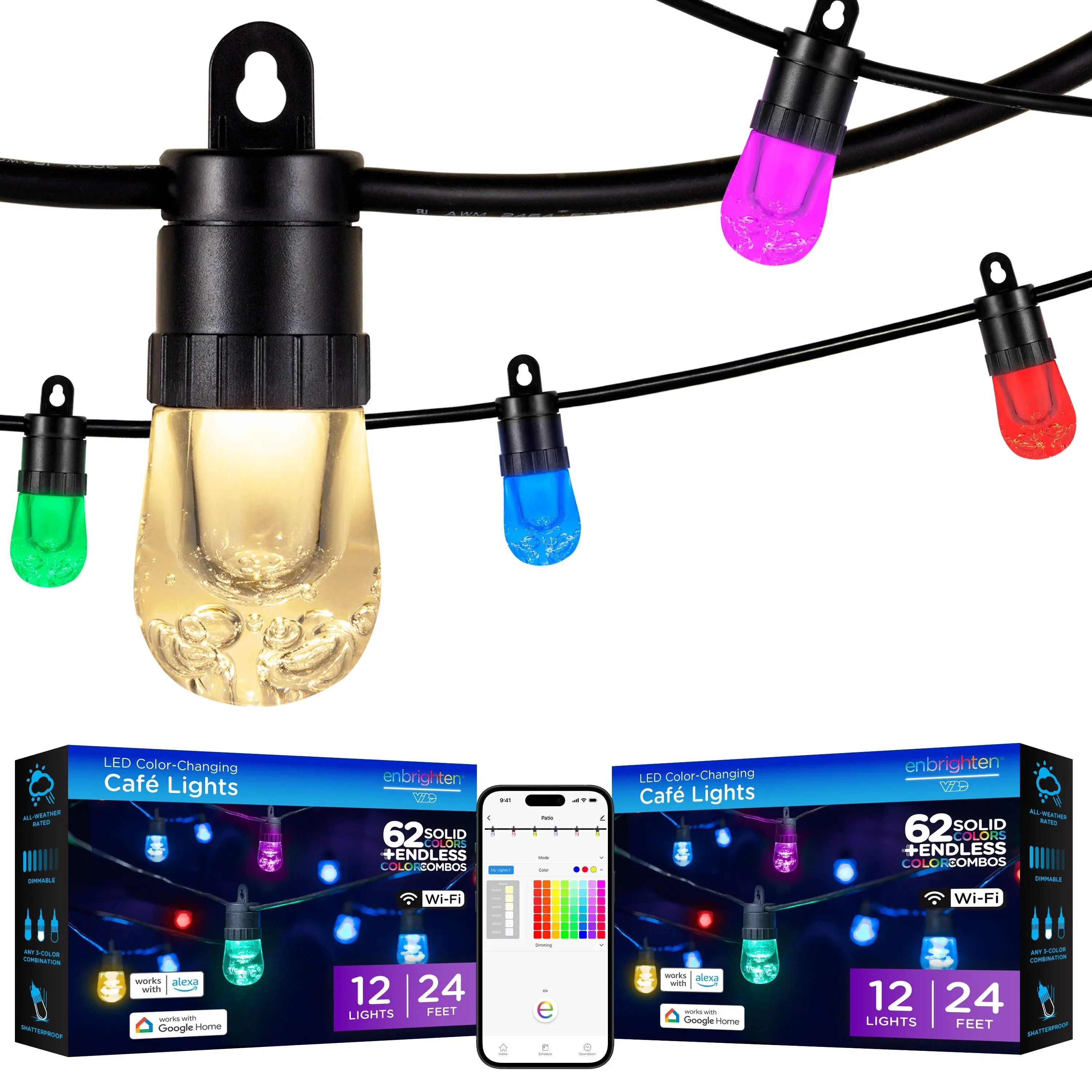 Enbrighten Ecoscapes VIBE WiFi Color-Changing LED Cafe Lights, 12 Bulbs, 24ft. Black Cord, 2 pack