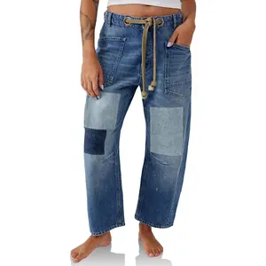 Imily Bela Womens Baggy Barrel Horseshoe Jeans Wide Leg Patchwork Low Rise Denim Pants with Pockets