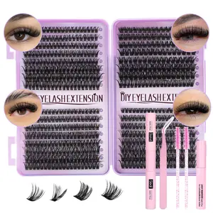 Mixed Length Individual Fluffy False Eyelashes Kit Natural Look Eyelash Extensions with Eyelash Tools Curling Fake Eyelash Makeup Products Eyelash Extensions Kit with Bond&Seal&Remove Handmade Fake Eyelashes Diy Lash Kit Cosmetic