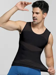 Men's Slimming Shapewear Vest, Waist Trainer Vest, V-Neck Sleeveless Design, High Elasticity Mesh Fabric, Thin Comfortable Waist Cinching Butt Lifting
